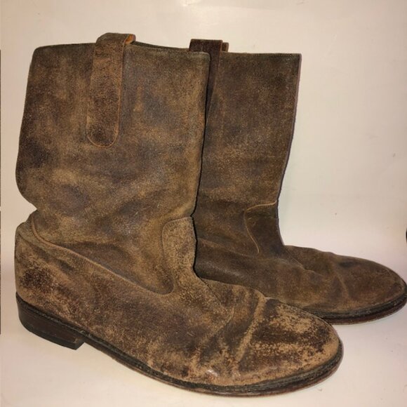 Sz 13 Men's Italian Brown Distressed Leather Mid Calf Boots - Picture 1 of 14
